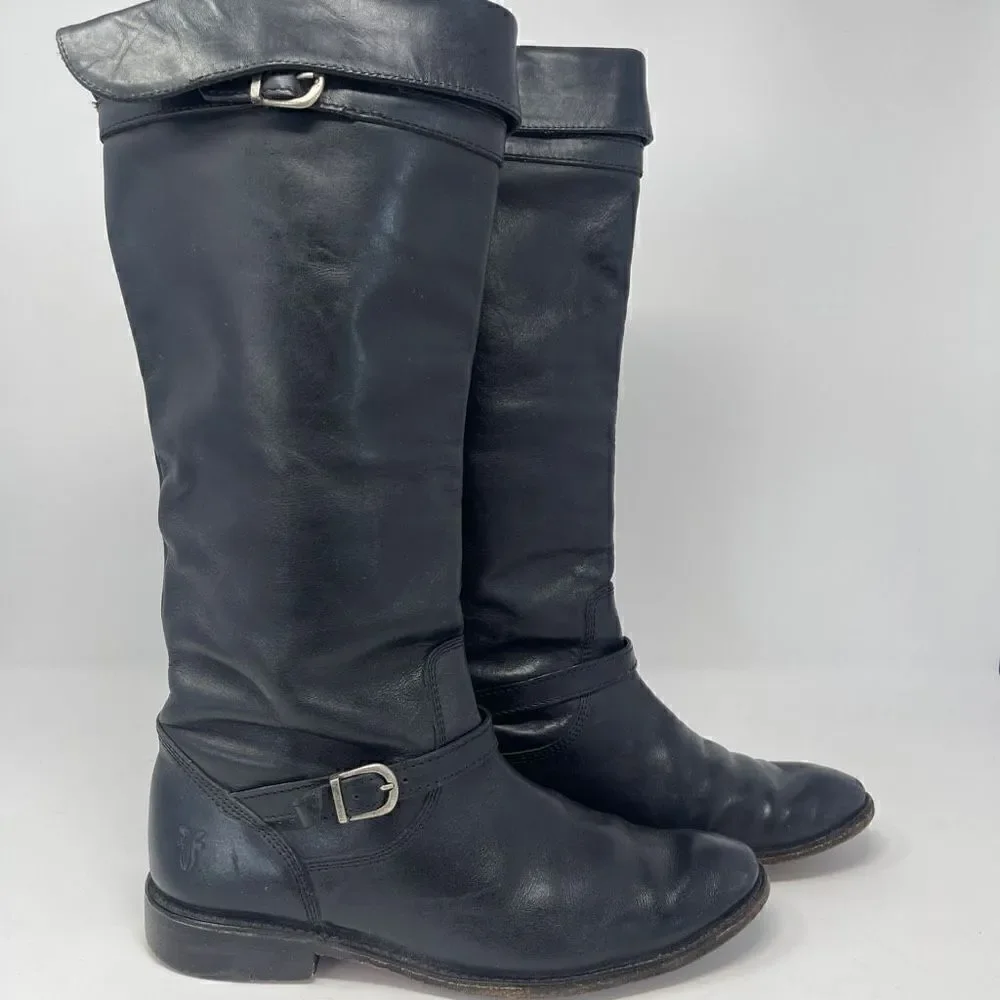Frye Women's Knee-High Leather Pull-On Riding Boots Black Size 7